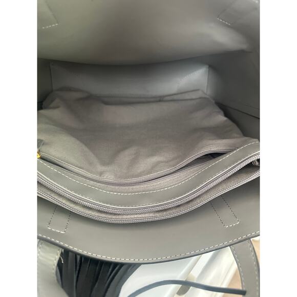 JOY & IMAN Tassel Real Leather Handbag Tote with Fabric Insert, Black New - Picture 2 of 6